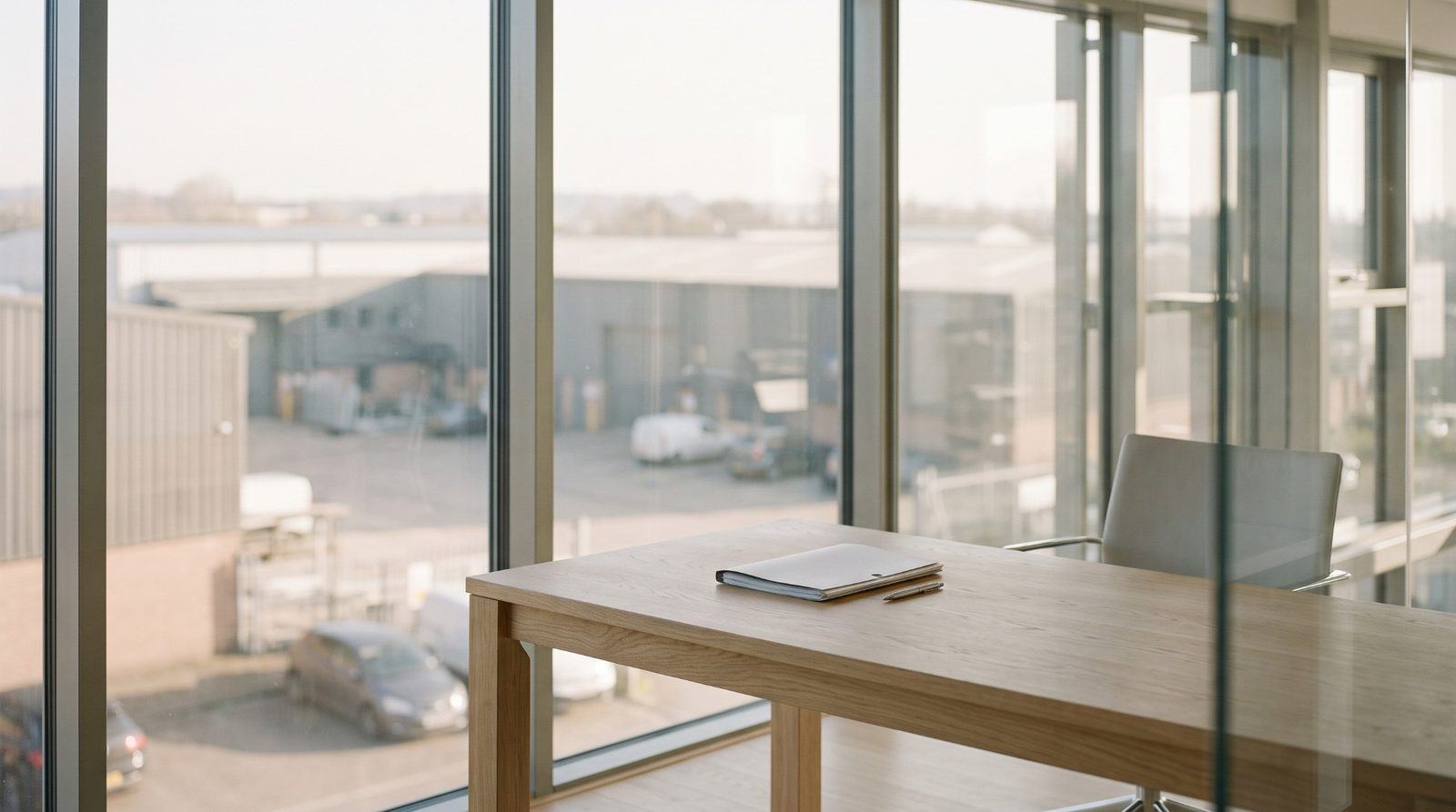 Bureau d’un dirigeant d’entreprise familiale, table en chêne et dossier, vue sur les ateliers par la baie vitrée.